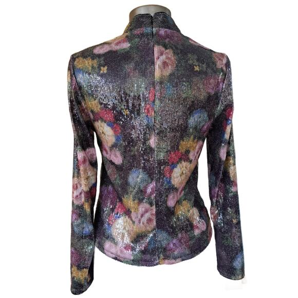 NICOLE MILLER Floral Sequin Mock Neck Long Sleeve Shimmer Top - Picture 2 of 7